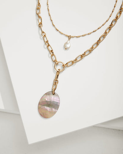 Seaside Layered Shell and Pearl Pendant Necklace