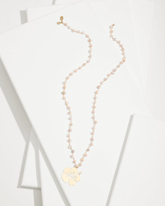 Tropical Blooms Hibiscus Pendant Pearl Necklace