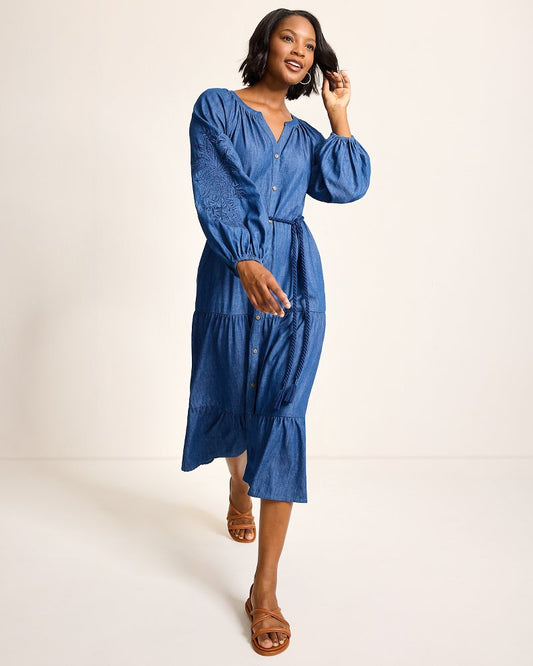 Indigo Cove Embroidered Midi Dress